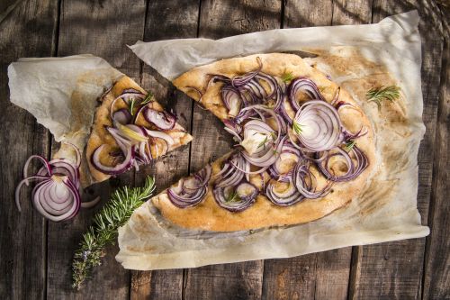 Homemade focaccia with red onions